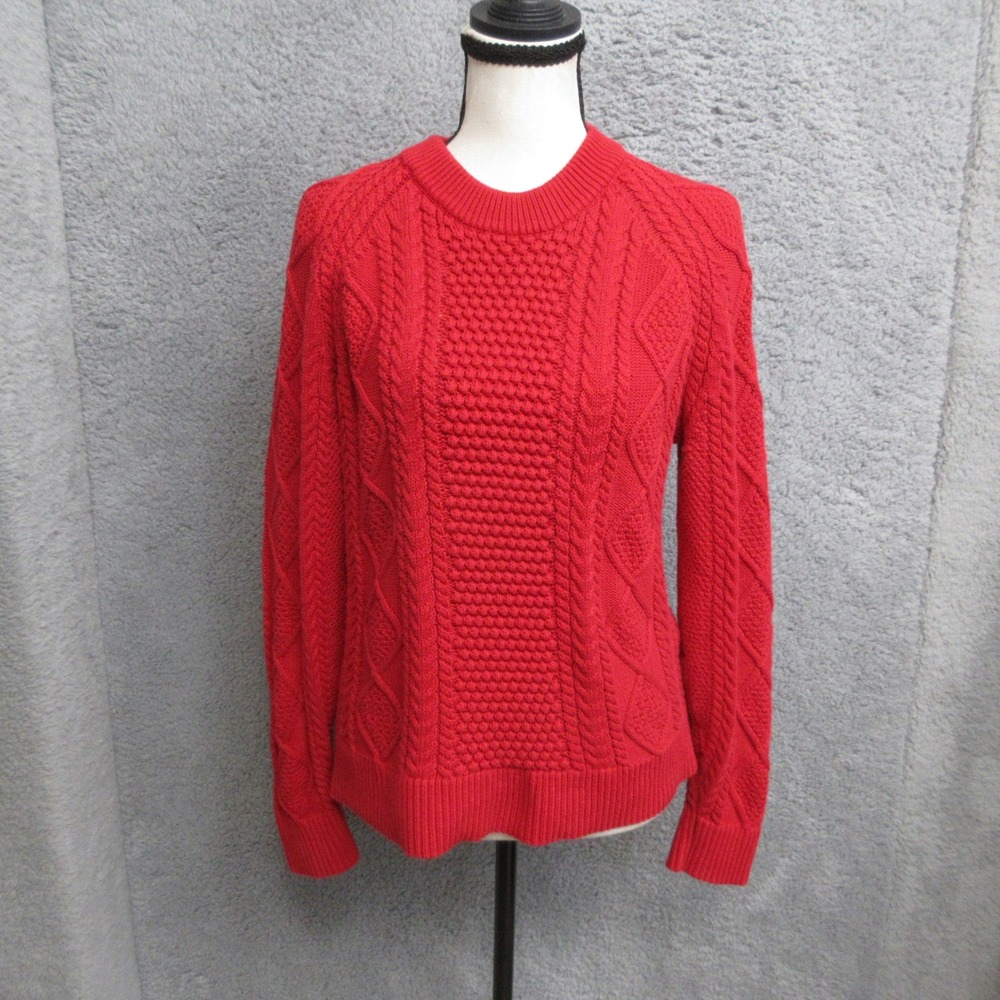 J Crew Sweater Women Small Red Cable Knit Fisherman Preppy Quiet Luxury Holiday